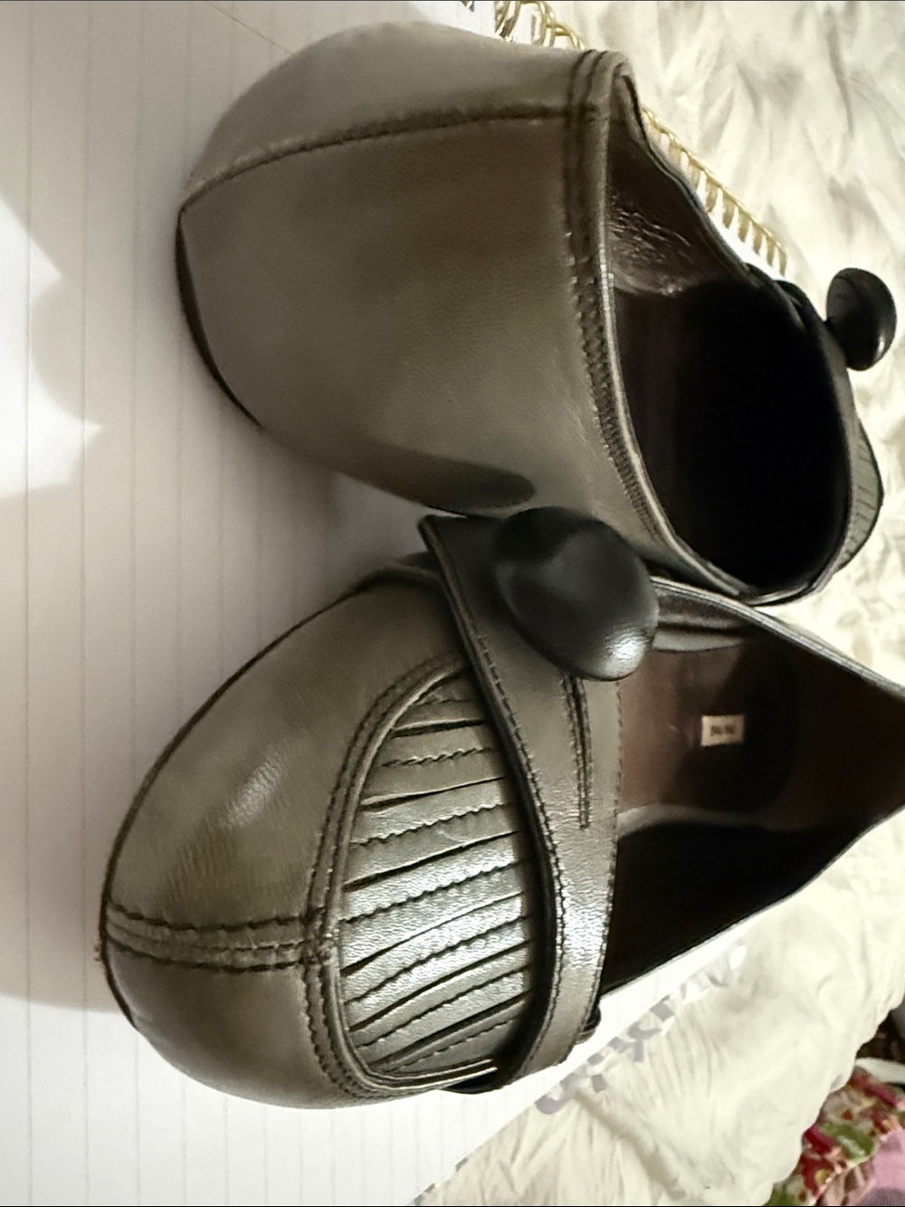Miu Miu Olive Green Leather Loafers with Button Accent